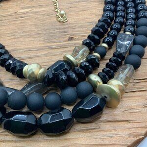 Chico's Amelia Jet Black Gold Tone Faceted Beaded Multi Strands Necklace
